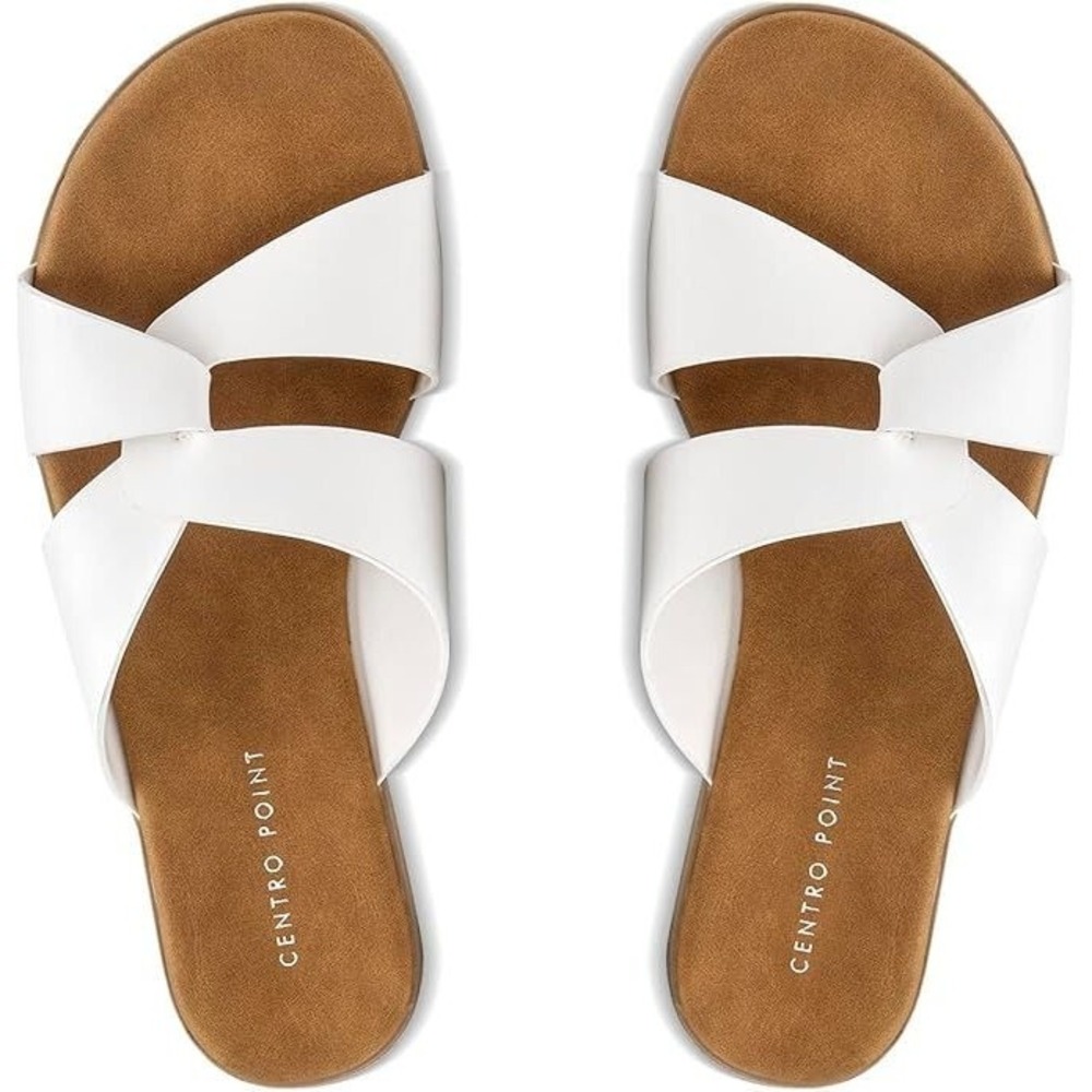 CentroPoint Women's Flat Open Toe Slip On Cross Strap Sandals - White - 8.5